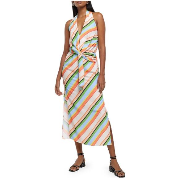 New ~ RIVER ISLAND ~ Women's Multicolor Striped Halter Neck Sheath Dress Size 6 - Picture 1 of 9